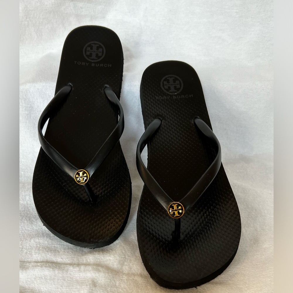 Tory Burch Black Sandals with Gold Logo